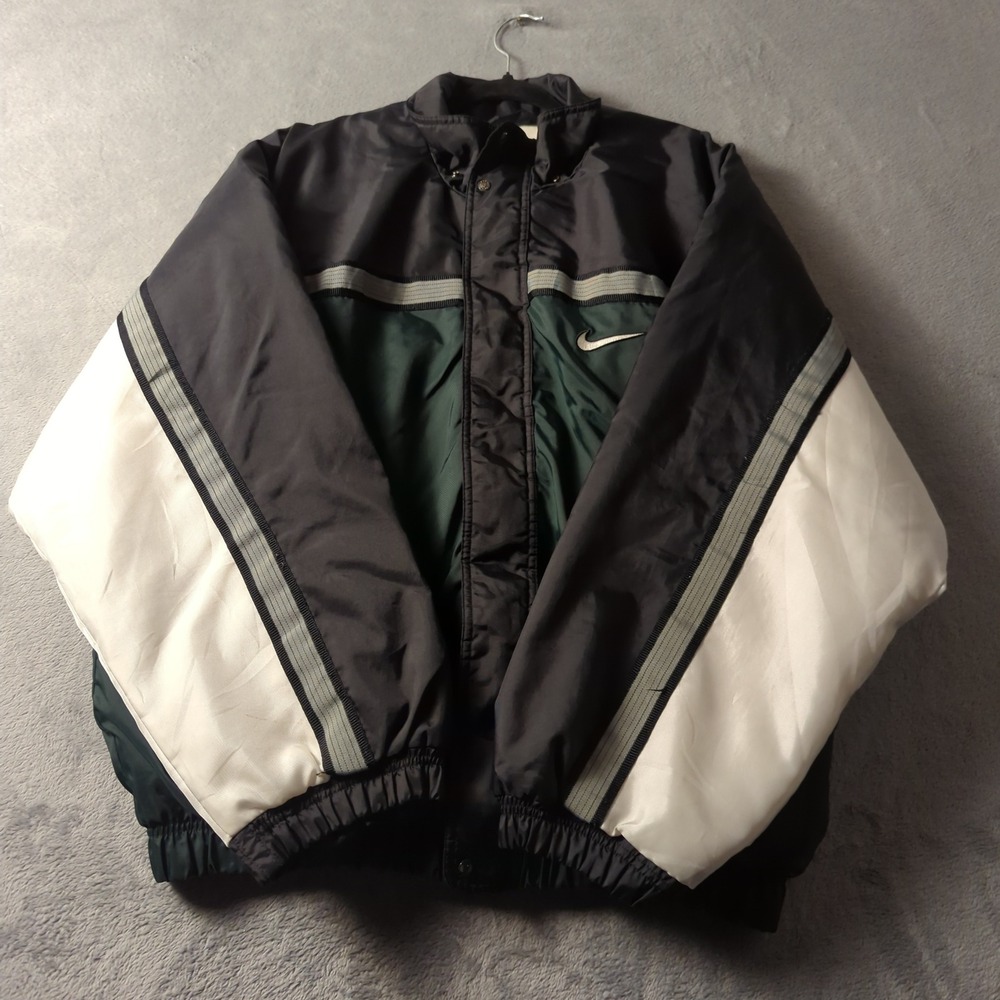 Vintage 90s Nike Bomber Jacket Mens Large Green Black Big Swoosh Quilted Coat